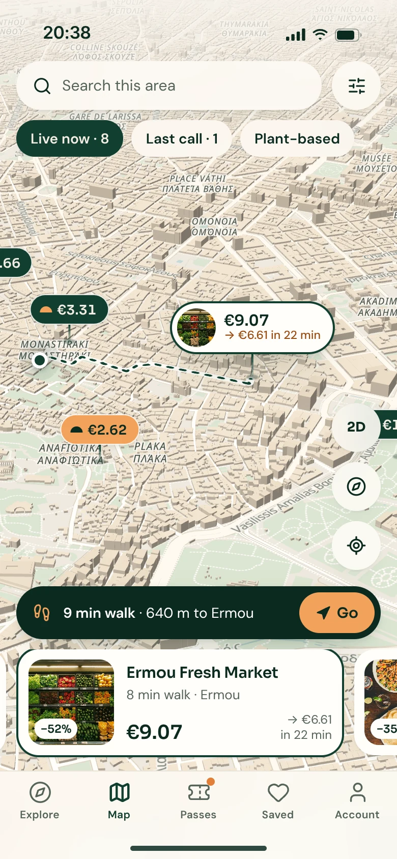 3D food map with price pins and a walking route