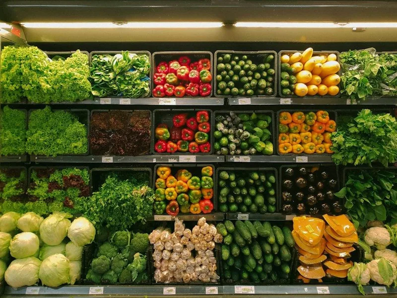 Grocery shelves with fresh produce
